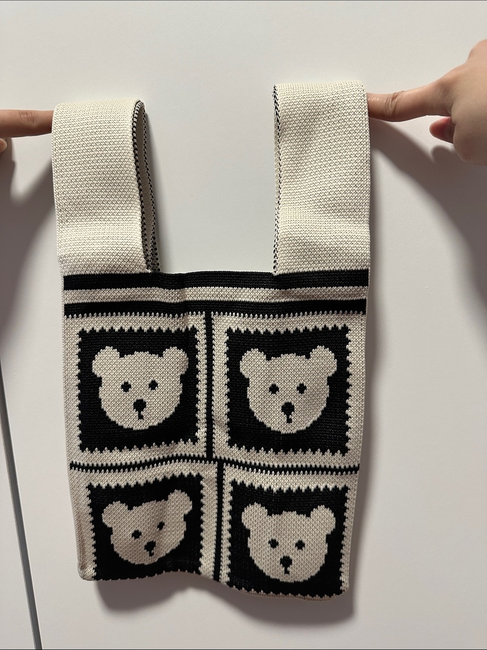 Black & Cream Teddy Knit Tote Bag for Lunch, Picnic, Park